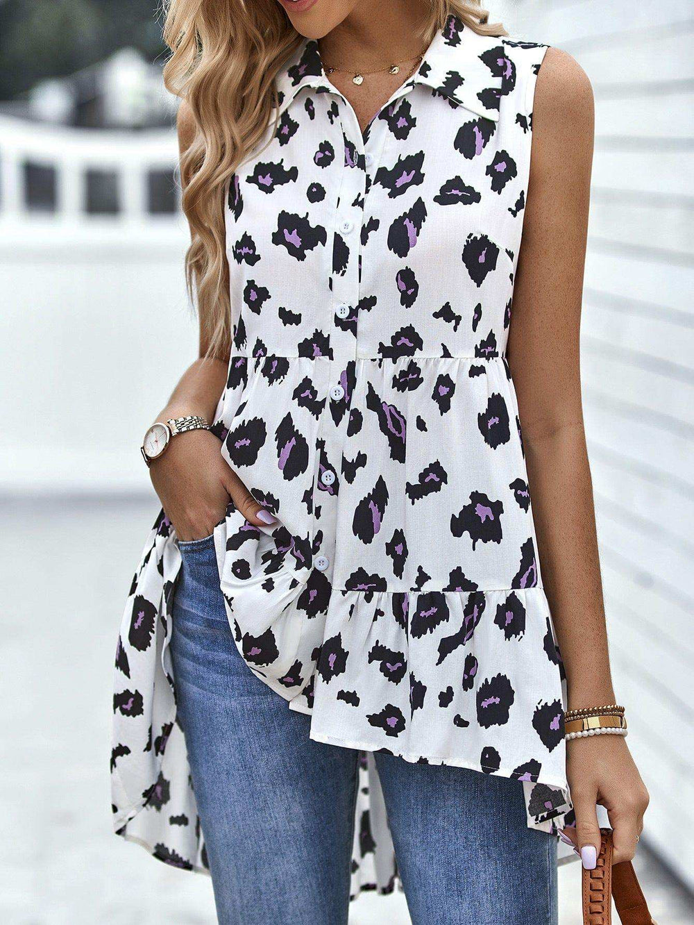 Leopard High-Low Sleeveless Shirt - Trendsi - Flyclothing LLC