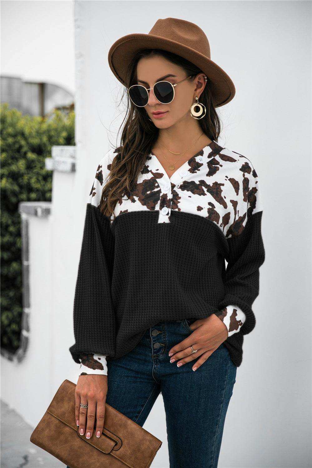 Animal Print Color Block Waffle-Knit Top - Trendsi - Flyclothing LLC