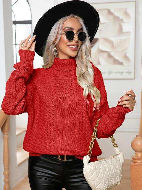 Turtleneck Cable-Knit Long Sleeve Sweater - Trendsi - Flyclothing LLC