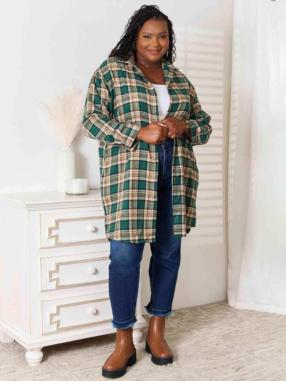 Double Take Plaid Collared Neck Long Sleeve Shirt - Trendsi - Flyclothing LLC