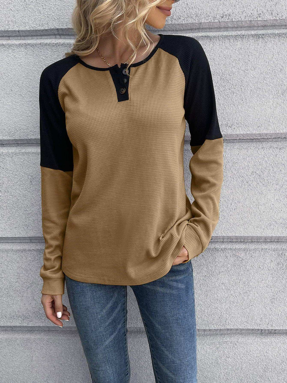 Contrast Buttoned Round Neck Raglan Sleeve Top - Trendsi - Flyclothing LLC