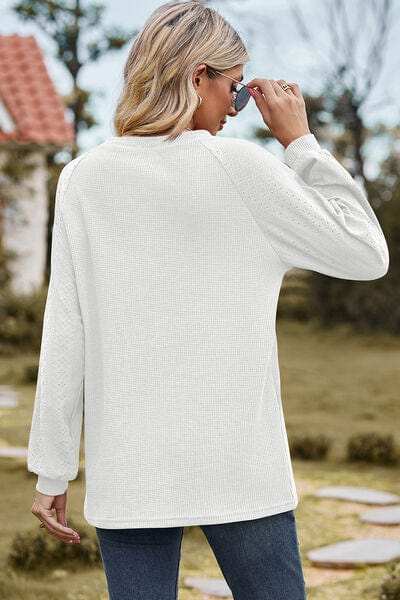 Eyelet Round Neck Long Sleeve T-Shirt - Trendsi - Flyclothing LLC