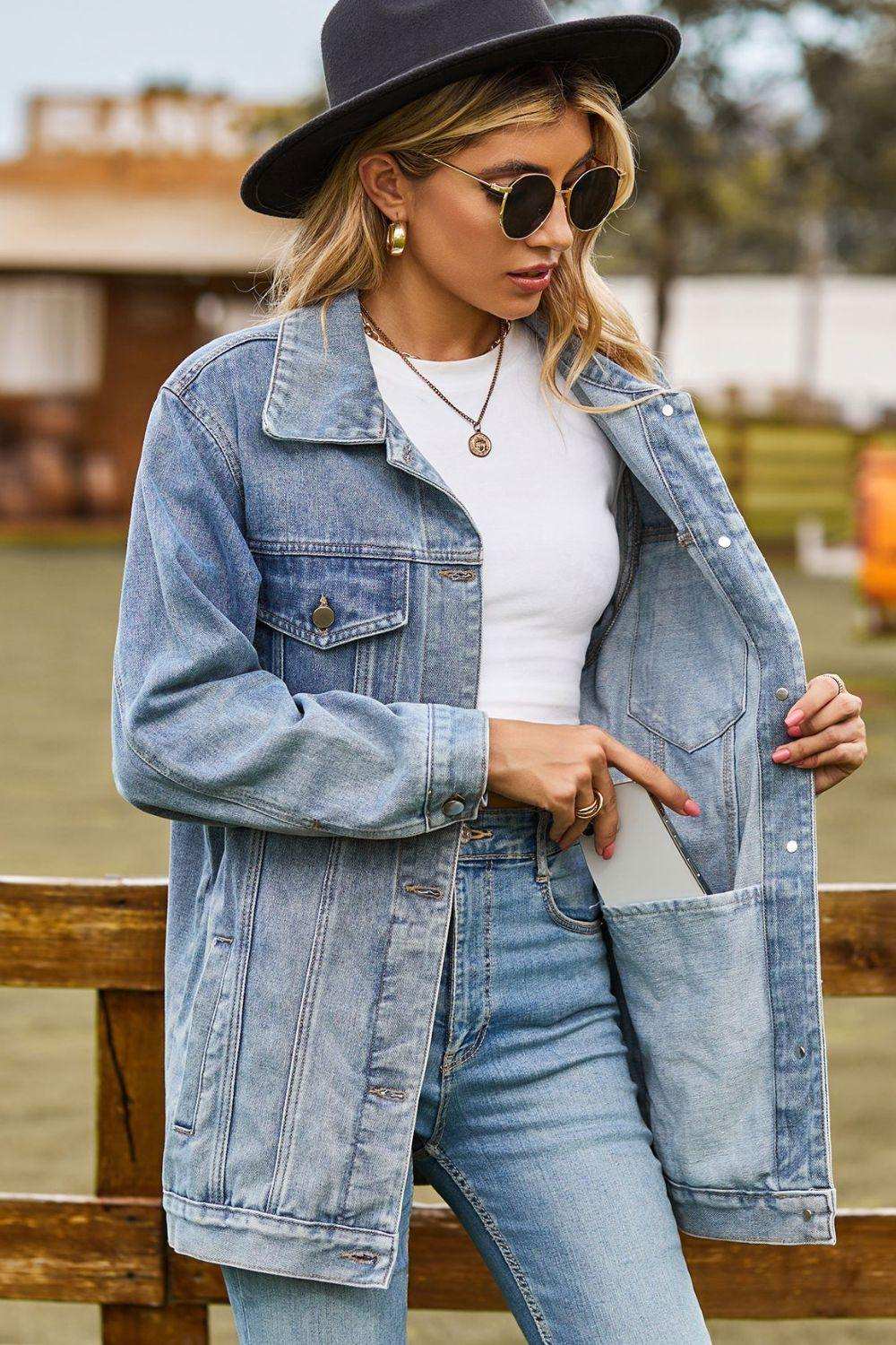 Buttoned Collared Neck Denim Jacket with Pockets - Trendsi - Flyclothing LLC