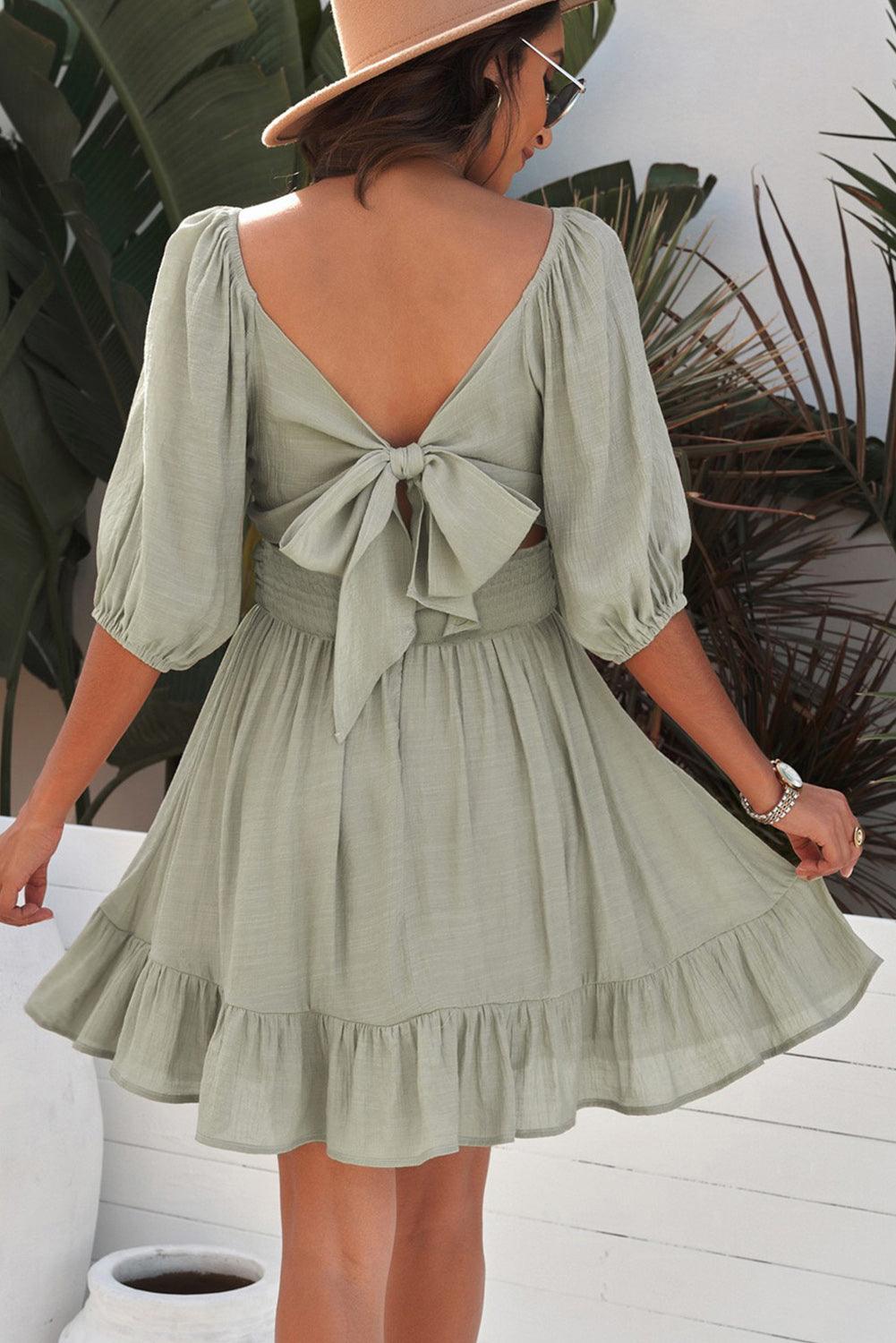 Tie-Back Ruffled Hem Square Neck Mini Dress - Flyclothing LLC