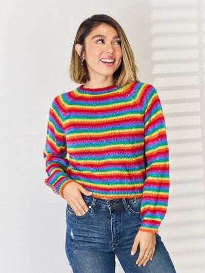 Striped Round Neck Long Sleeve Sweater - Trendsi - Flyclothing LLC