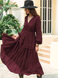 Tie Neck Long Sleeve Midi Tiered Dress - Trendsi - Flyclothing LLC