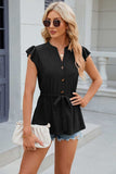 Eyelet Notched Cap Sleeve Blouse - Trendsi - Flyclothing LLC