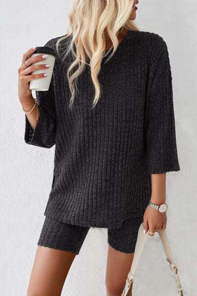 Ribbed Round Neck Top and Shorts Set - Trendsi - Flyclothing LLC