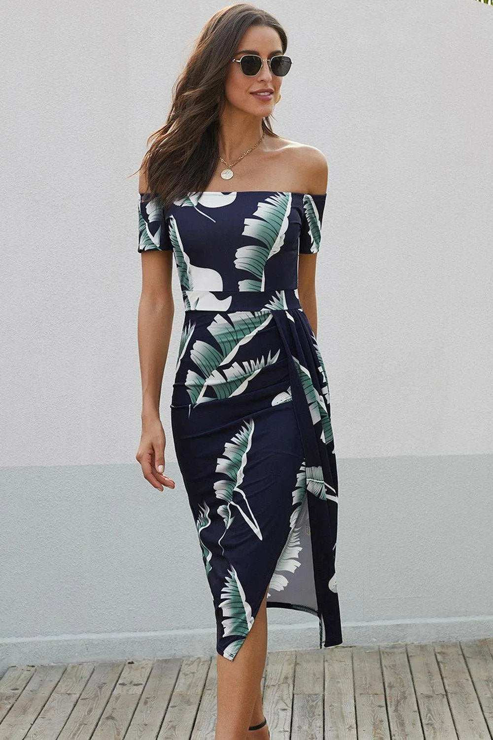 Printed Off-Shoulder Split Dress - Trendsi - Flyclothing LLC