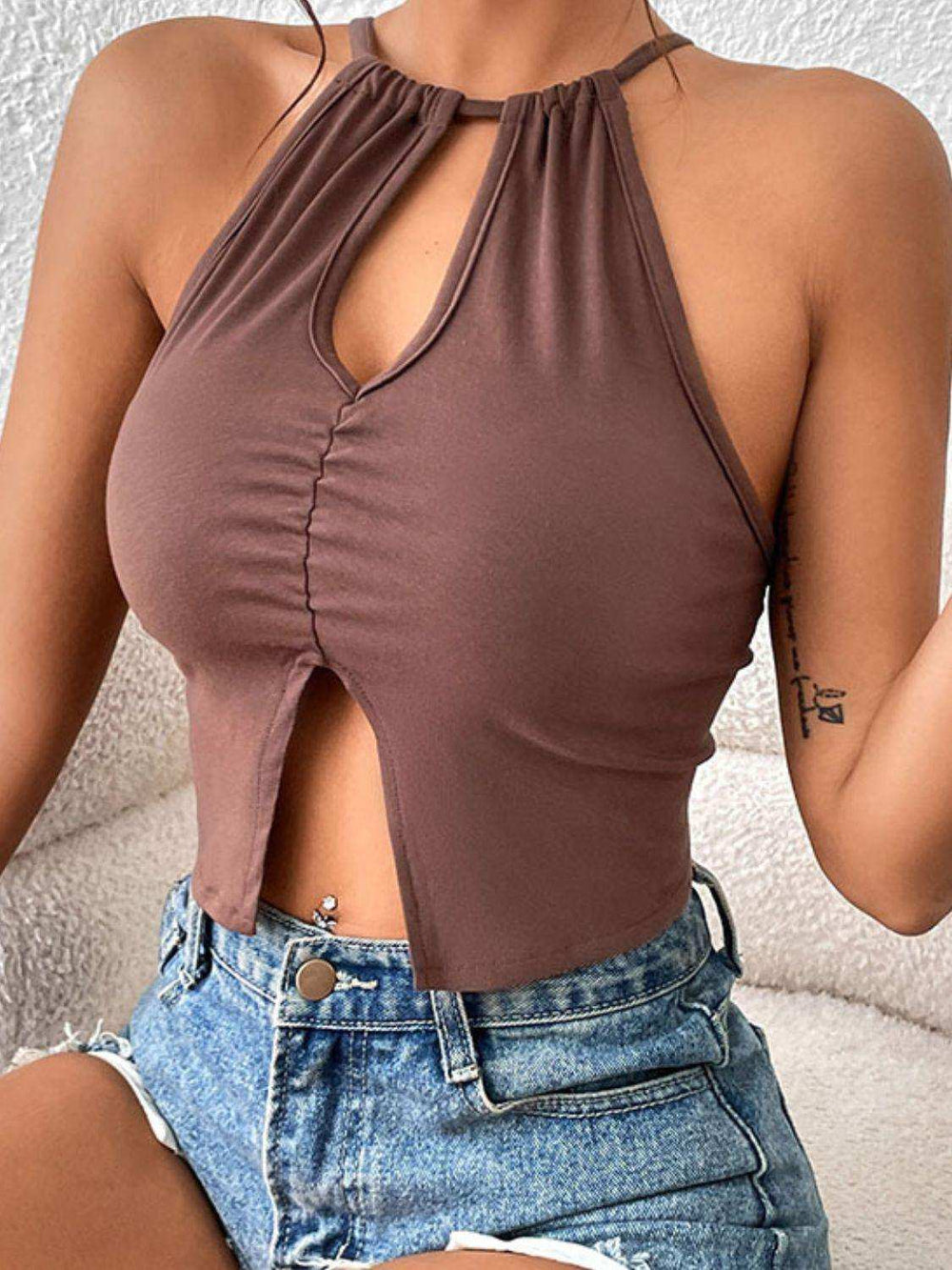 Crisscross Tie Back Slit Sleeveless Top - Trendsi - Flyclothing LLC