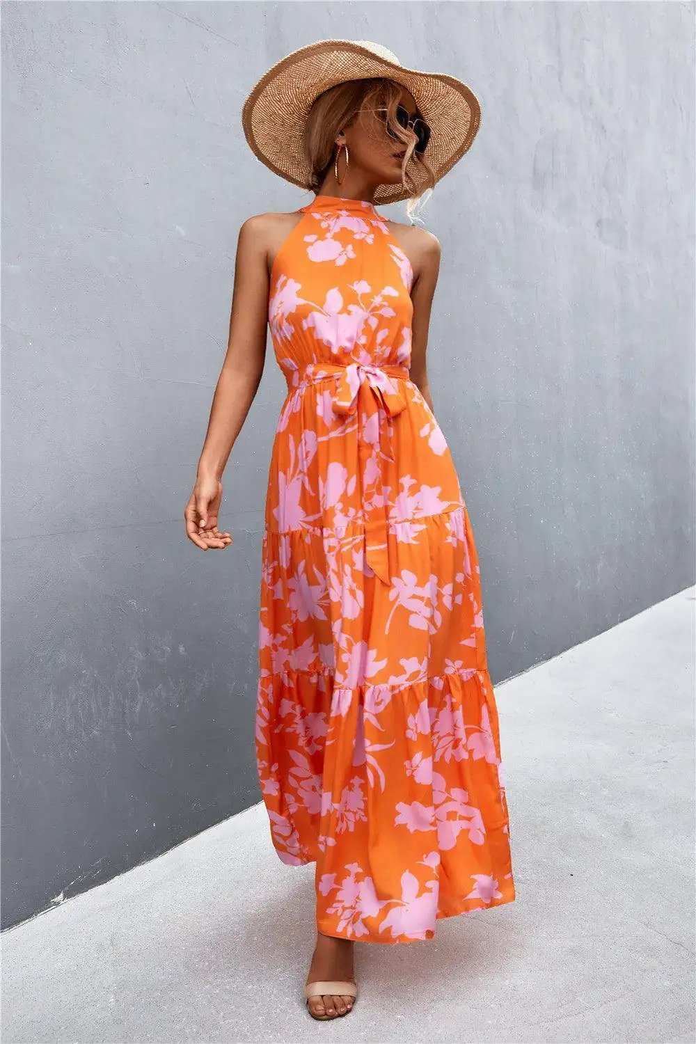 Printed Sleeveless Tie Waist Maxi Dress - Trendsi - Flyclothing LLC