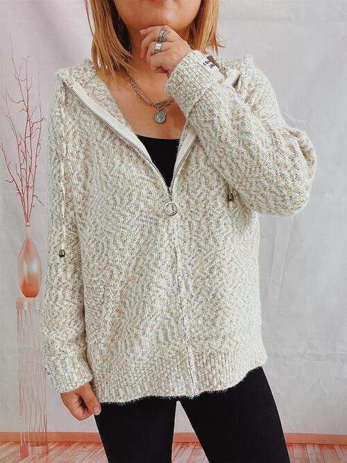 Zip Up Drawstring Long Sleeve Hooded Sweater - Trendsi - Flyclothing LLC