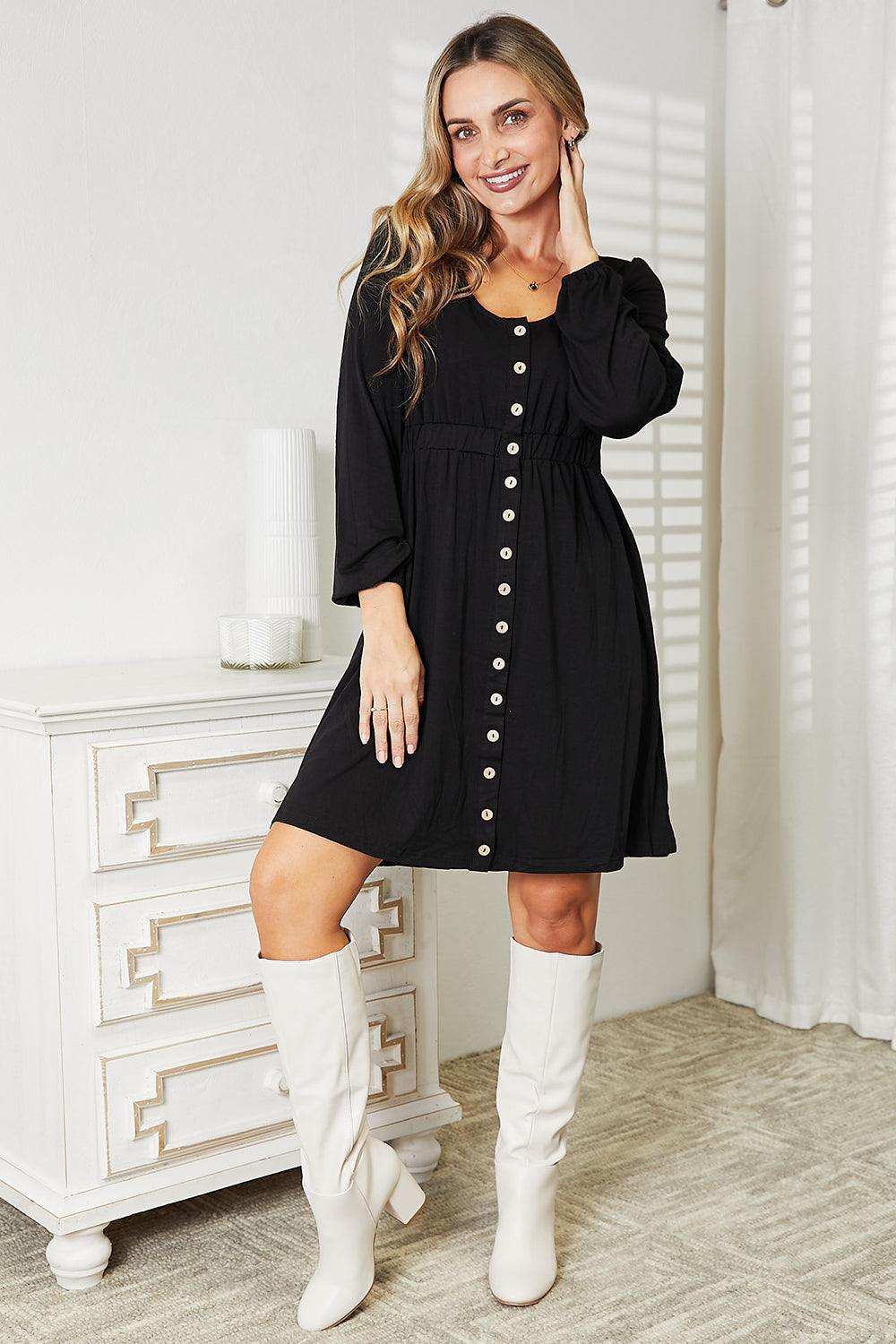 Double Take Scoop Neck Empire Waist Long Sleeve Dress - Trendsi - Flyclothing LLC