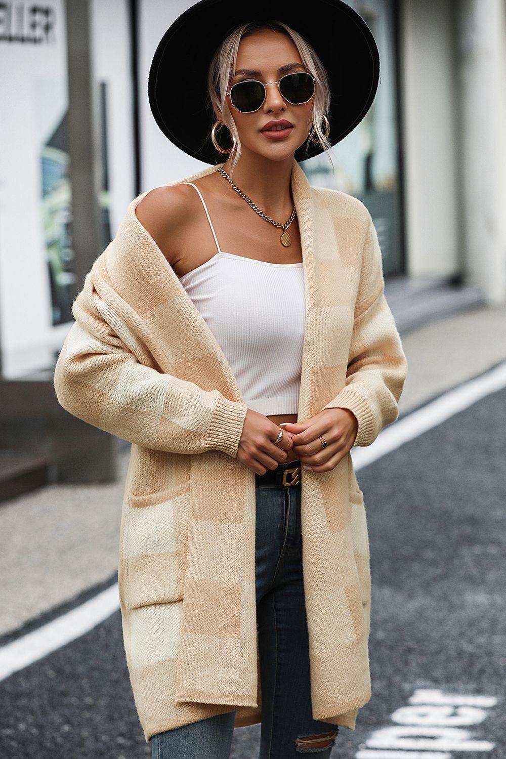 Plaid Dropped Shoulder Cardigan with Pocket - Trendsi - Flyclothing LLC