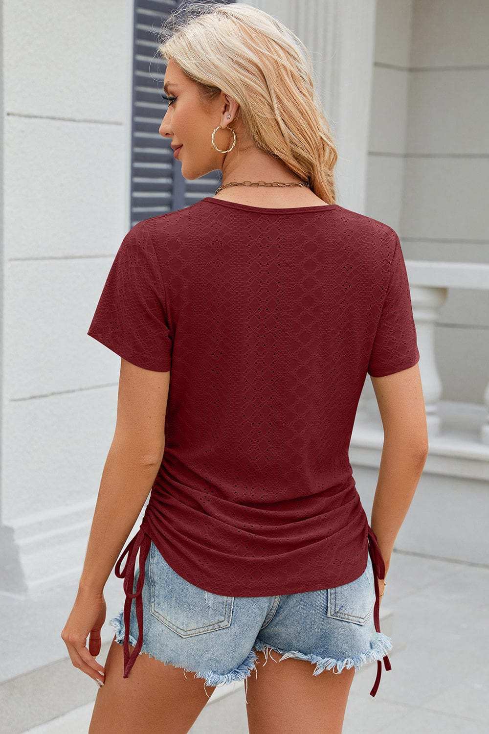 Eyelet Round Neck Short Sleeve T-Shirt - Trendsi - Flyclothing LLC