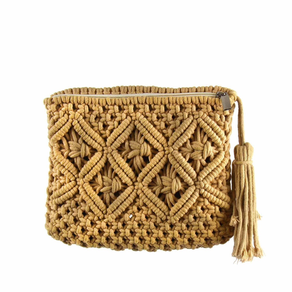 Macrame Clutch with Tassel, Tan - Beaurer Creations - Flyclothing LLC