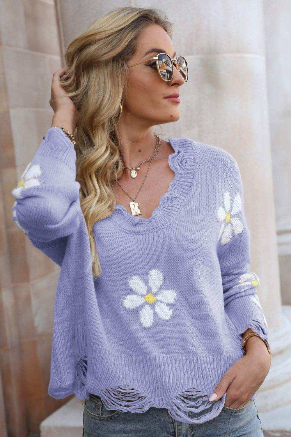 Flower Distressed Ribbed Trim Sweater - Trendsi - Flyclothing LLC