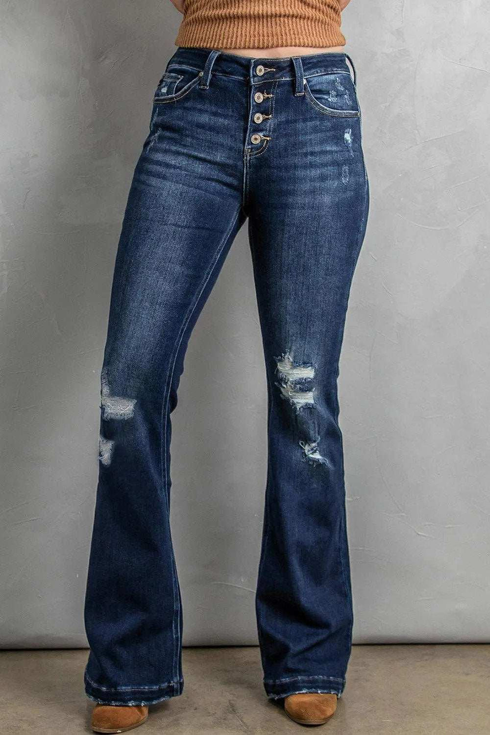 Button Fly Distressed Bootcut Jeans - Trendsi - Flyclothing LLC