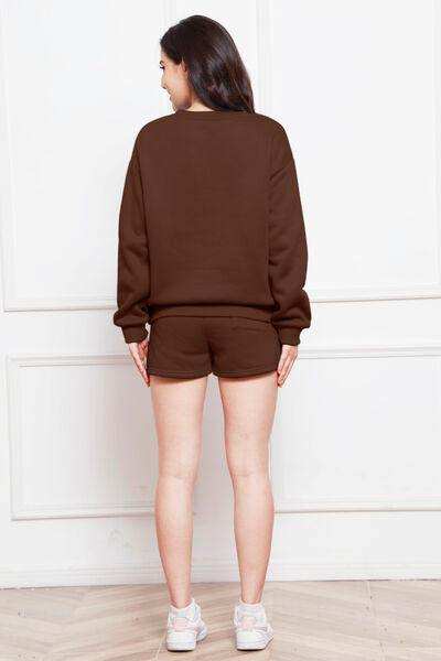 Round Neck Long Sleeve Sweatshirt and Drawstring Shorts Set - Trendsi - Flyclothing LLC