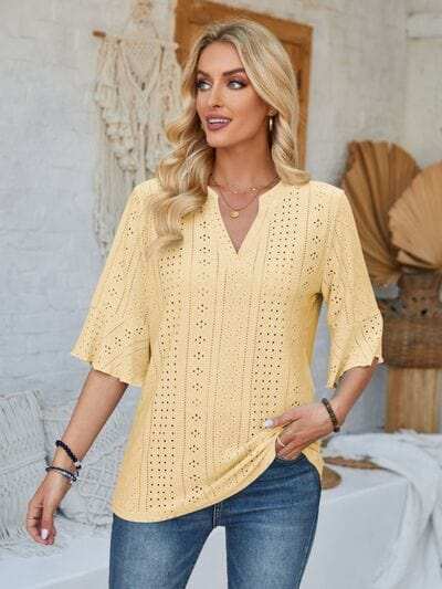 Eyelet Notched Half Sleeve T-Shirt - Trendsi - Flyclothing LLC