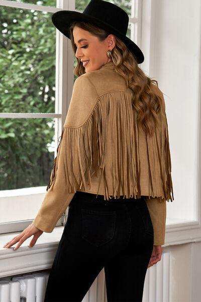 Fringe Trim Lapel Collar Cropped Blazer - Trendsi - Flyclothing LLC