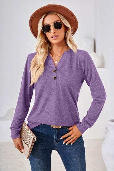Notched Button Detail Long Sleeve T-Shirt - Trendsi - Flyclothing LLC