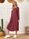 Pocketed Round Neck Long Sleeve Tee Dress - Trendsi - Flyclothing LLC