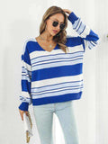 Striped V-Neck Long Sleeve Knit Top - Trendsi - Flyclothing LLC