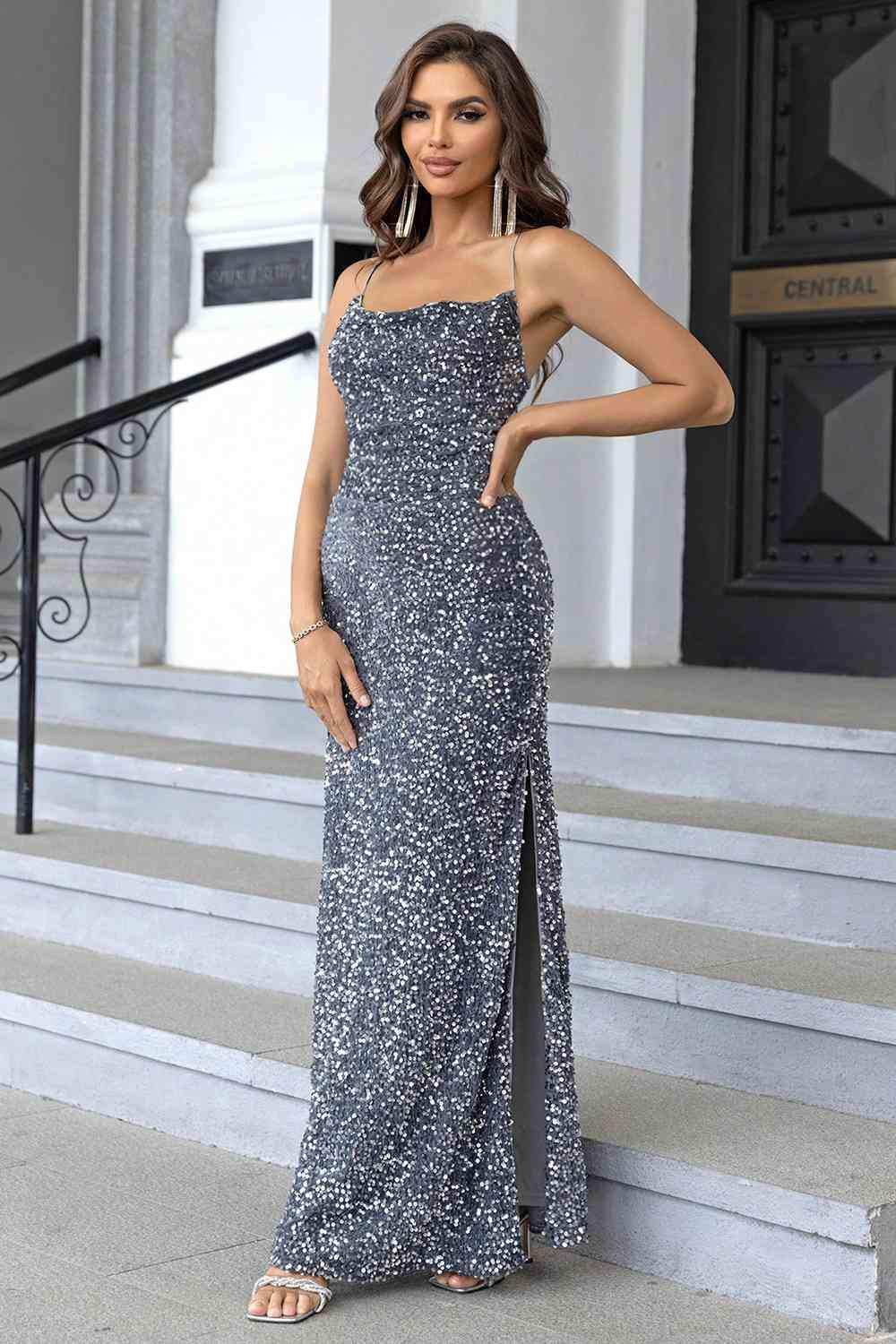 Sequin Backless Split Maxi Dress - Trendsi - Flyclothing LLC