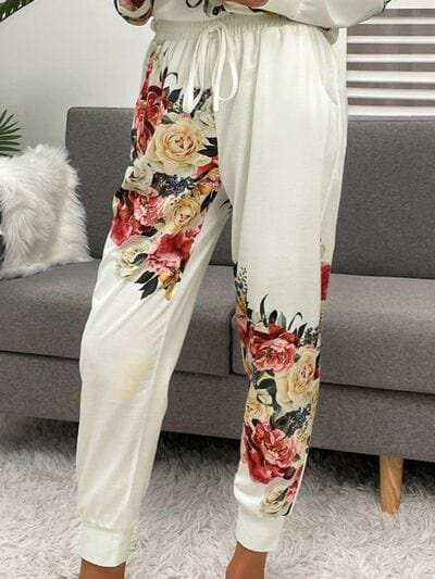 Printed Round Neck Top and Drawstring Pants Lounge Set - Trendsi - Flyclothing LLC