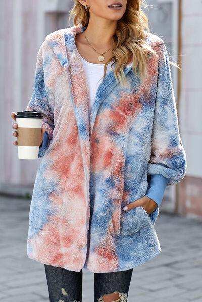 Tie-Dye Plush Hooded Jacket with Pockets - Trendsi - Flyclothing LLC