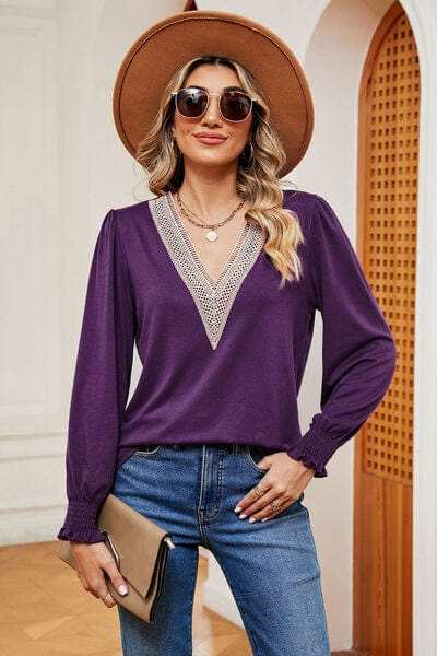 Lace Detail V-Neck Lantern Sleeve T-Shirt - Trendsi - Flyclothing LLC