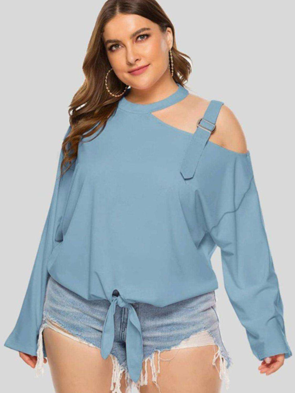 Plus Size Cold-Shoulder Tied Top - Trendsi - Flyclothing LLC