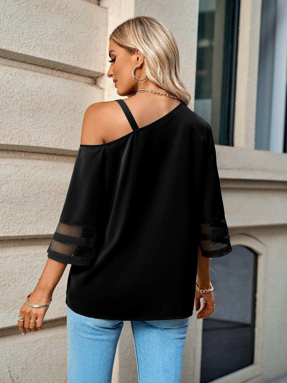 Asymmetrical Neck Sheer Striped Flare Sleeve Blouse - Trendsi - Flyclothing LLC