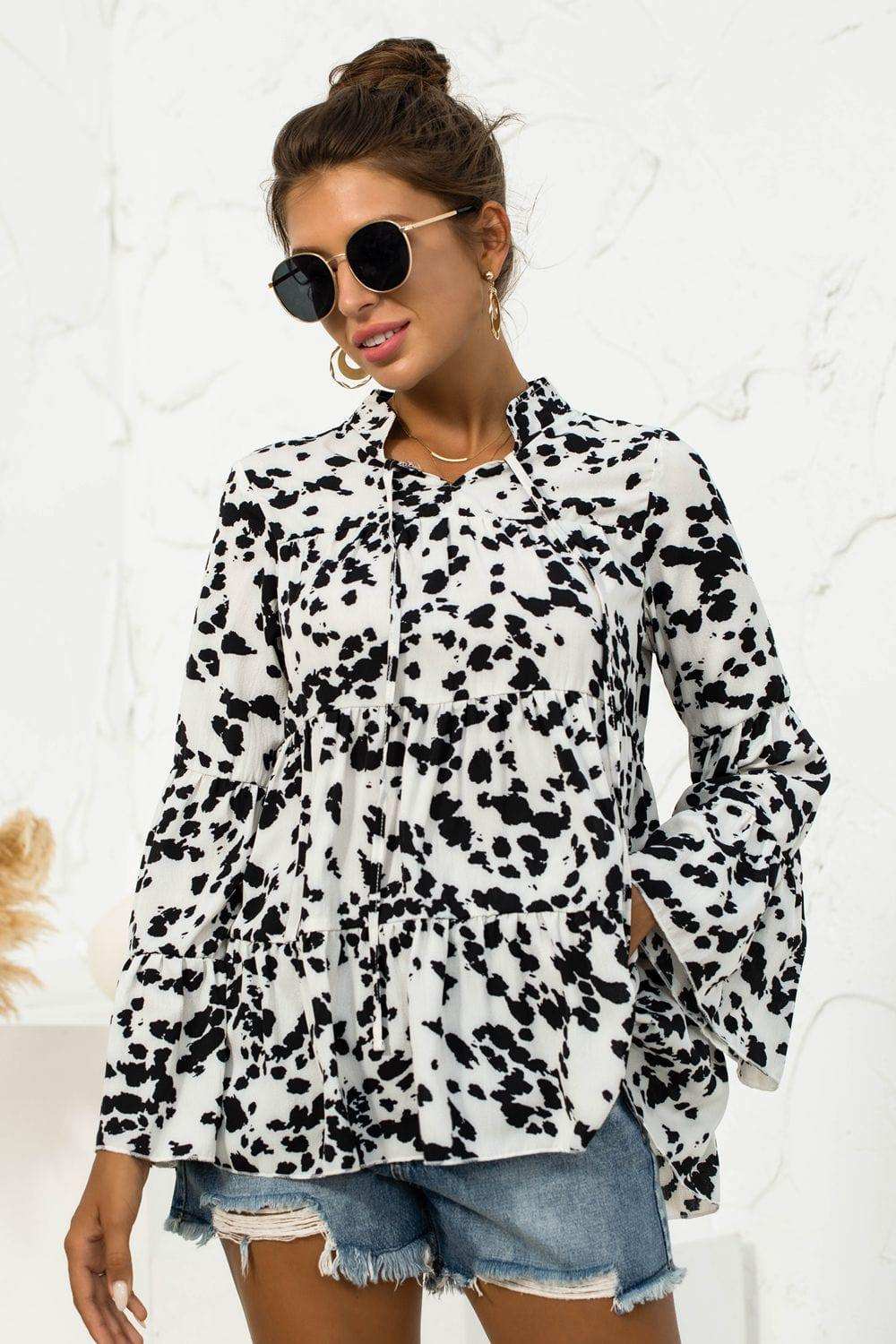 Printed Flare Sleeve Tie Neck Ruffle Trim Blouse - Trendsi - Flyclothing LLC