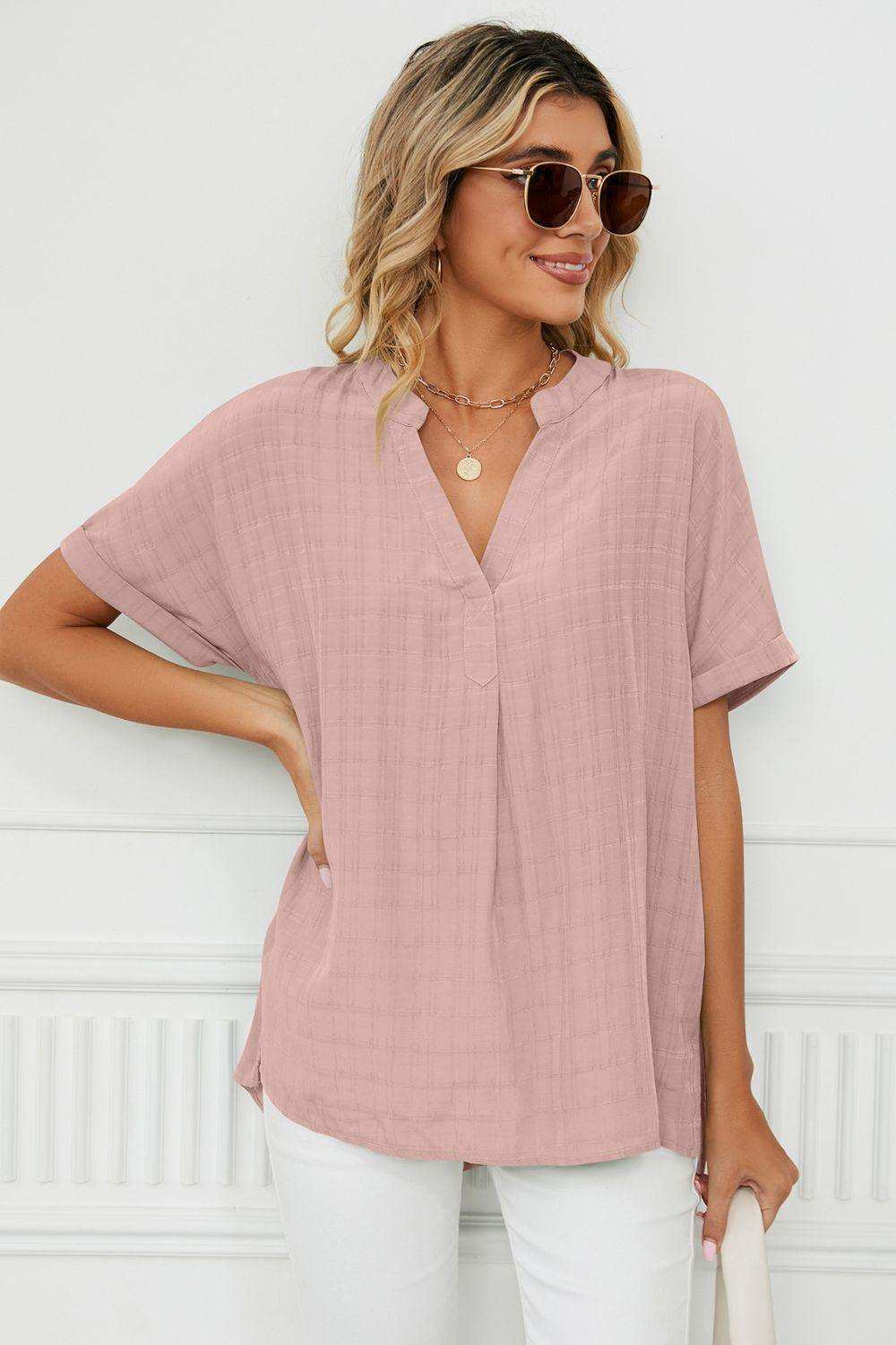 Side Slit Notched Neck Cuffed Short Sleeve Blouse - Trendsi - Flyclothing LLC