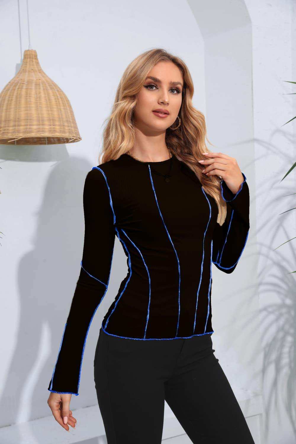 Ribbed Round Neck Long Sleeve Blouse - Trendsi - Flyclothing LLC