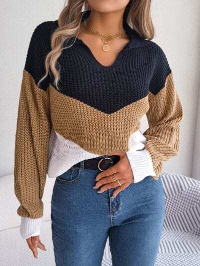 Color Block Dropped Shoulder Sweater - Trendsi - Flyclothing LLC
