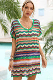 Rainbow Stripe Scalloped V-Neck Cover-Up Dress - Trendsi - Flyclothing LLC