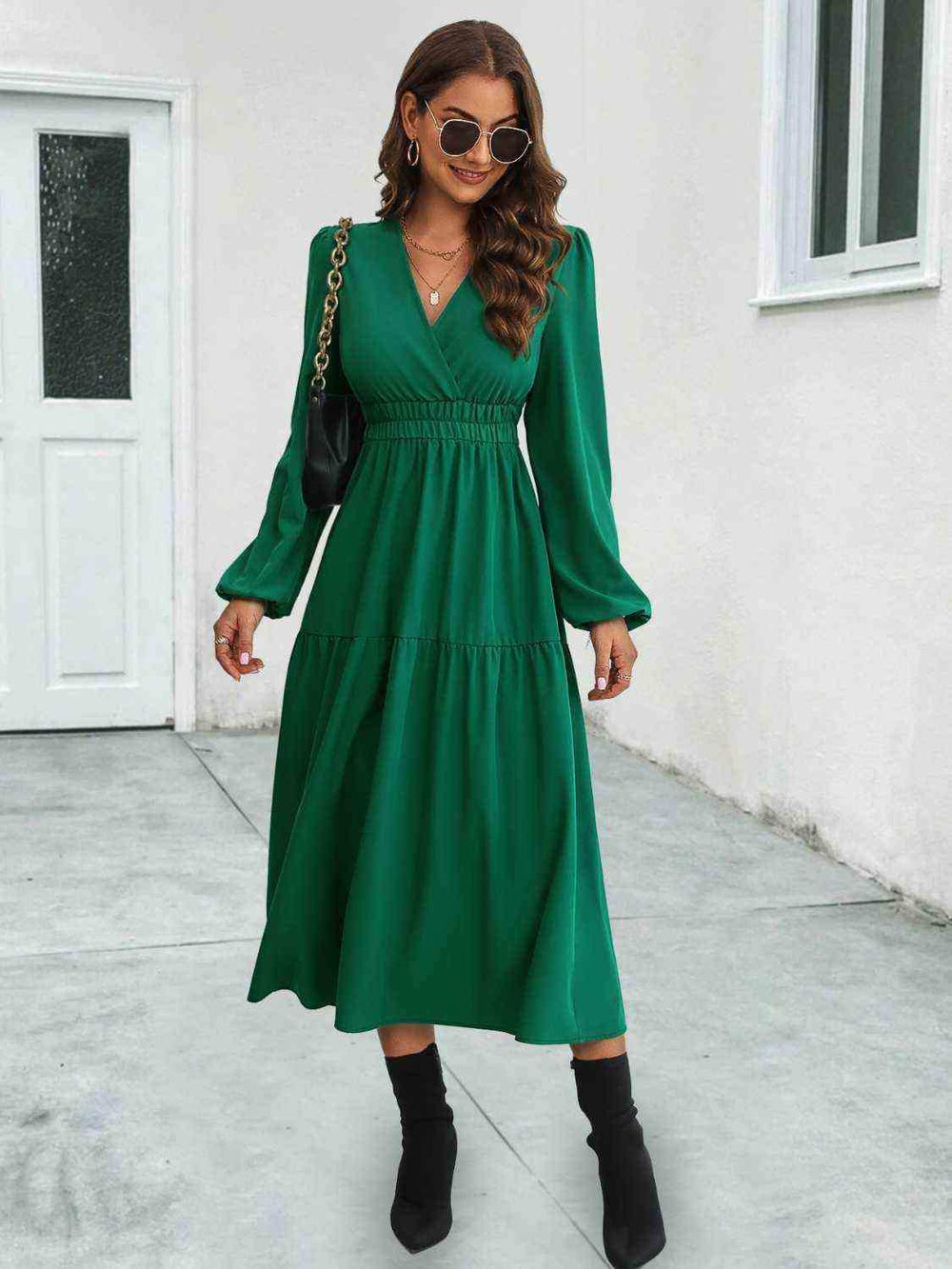 Surplice Neck Long Sleeve Midi Dress - Trendsi - Flyclothing LLC