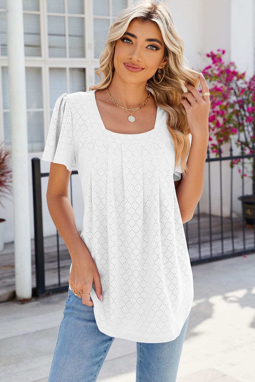 Eyelet Square Neck Flutter Sleeve Blouse - Trendsi - Flyclothing LLC