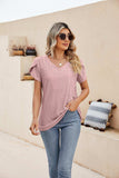 Eyelet Petal Sleeve V-Neck Knit Top - Trendsi - Flyclothing LLC