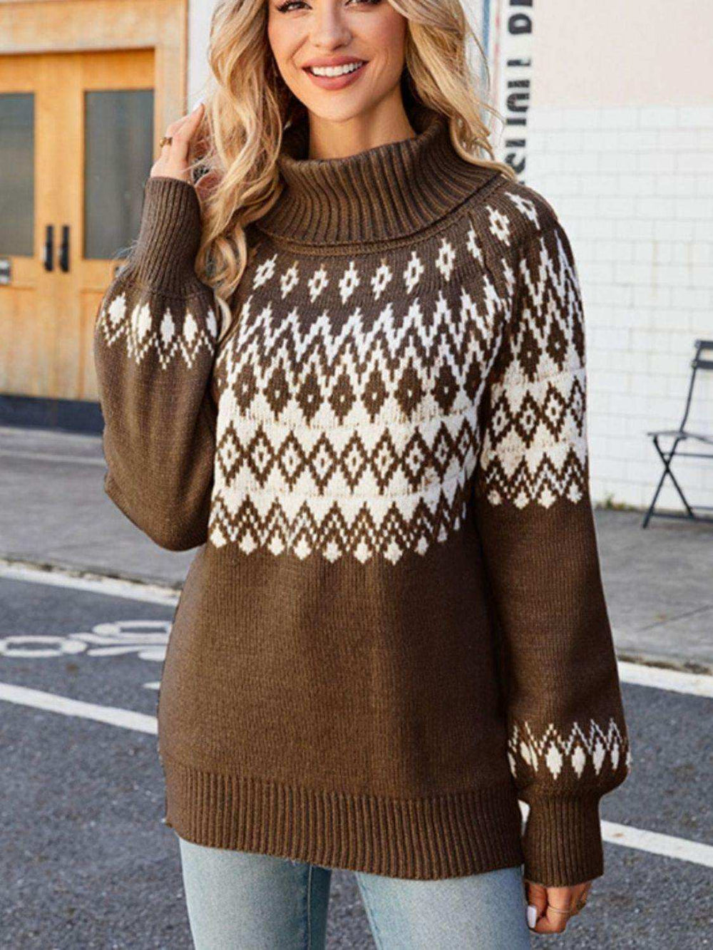 Turtleneck Lantern Sleeve Sweater - Trendsi - Flyclothing LLC