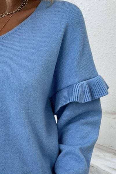 V-Neck Ruffle Trim Long Sleeve Sweater - Trendsi - Flyclothing LLC