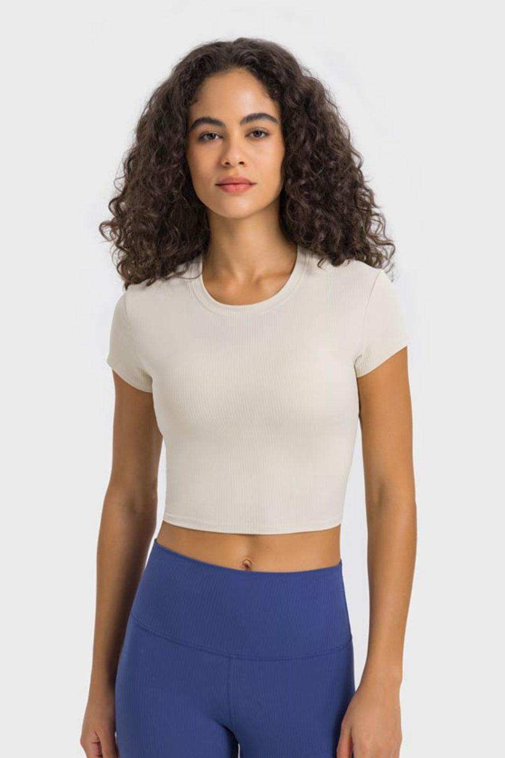 Round Neck Short Sleeve Cropped Sports T-Shirt - Trendsi - Flyclothing LLC
