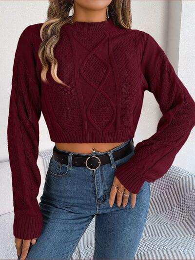 Cable-Knit Round Neck Cropped Sweater - Trendsi - Flyclothing LLC