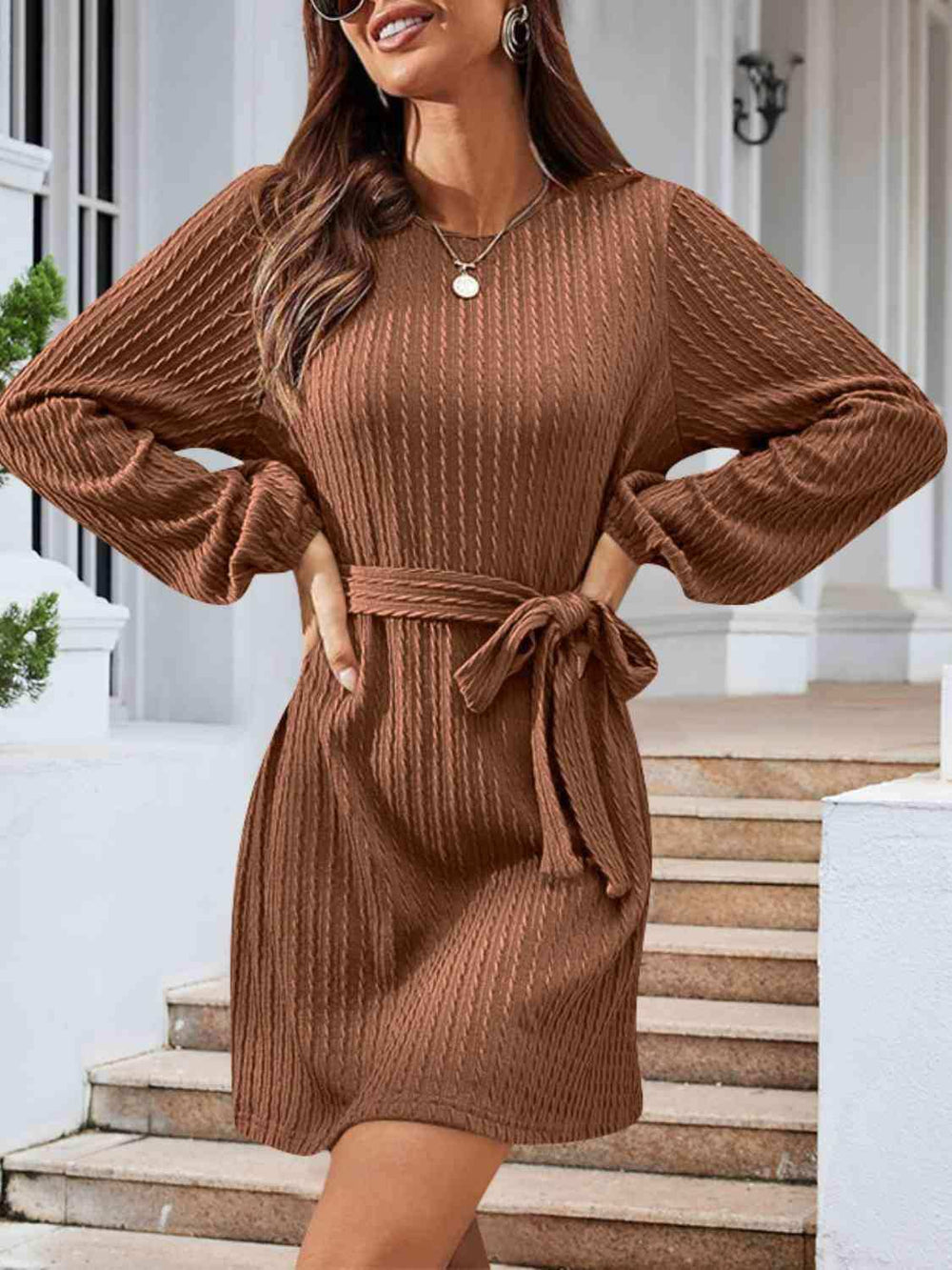 Round Neck Tie Front Long Sleeve Dress - Trendsi - Flyclothing LLC