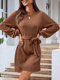 Round Neck Tie Front Long Sleeve Dress - Trendsi - Flyclothing LLC