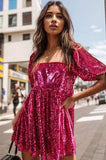 Sequin Square Neck Balloon Sleeve Romper - Trendsi - Flyclothing LLC