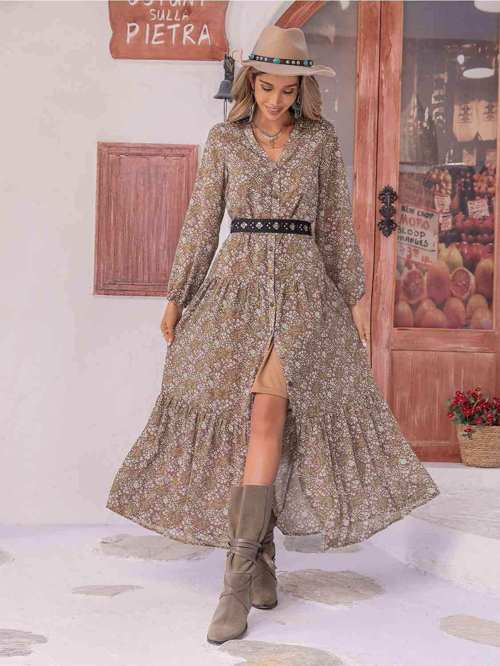 Floral Button Up V-Neck Tiered Dress - Trendsi - Flyclothing LLC